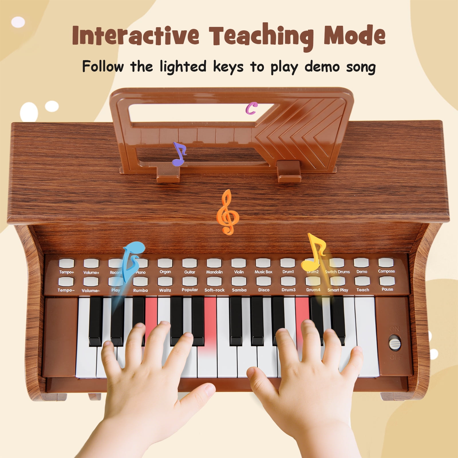 Patiojoy 25 Lighted Keys Kids Piano Keyboard with Stool Mini Digital Piano Wooden Toy Brown