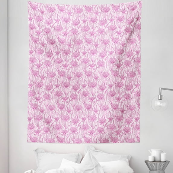 Garden Art Tapestry, Pastel Colored Line Art Pattern Flourishing Wildflowers with Foliage, Fabric Wall Hanging Decor for Bedroom Living Room Dorm, 5 Sizes, Pink and Pale Pink, by Ambesonne