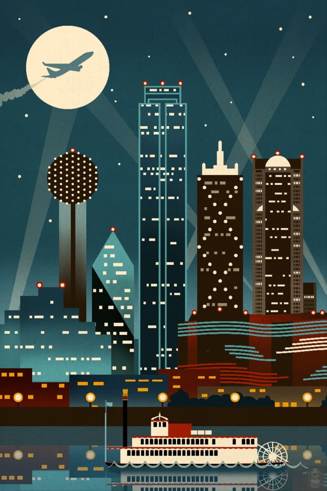 Dallas, Texas, Retro Skyline (no text) (9x12 Wall Art Print, Home Decor