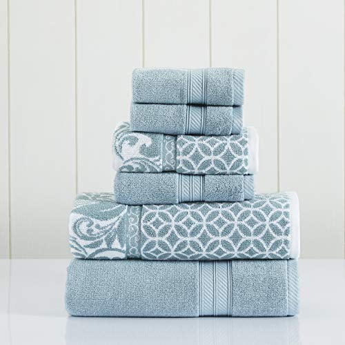 Modern Threads Trefoil Filigree 6 Piece Reversible Yarn Dyed Jacquard Towel Set Bath Towels Hand Towels Washcloths Super Absorbent Quick Dry