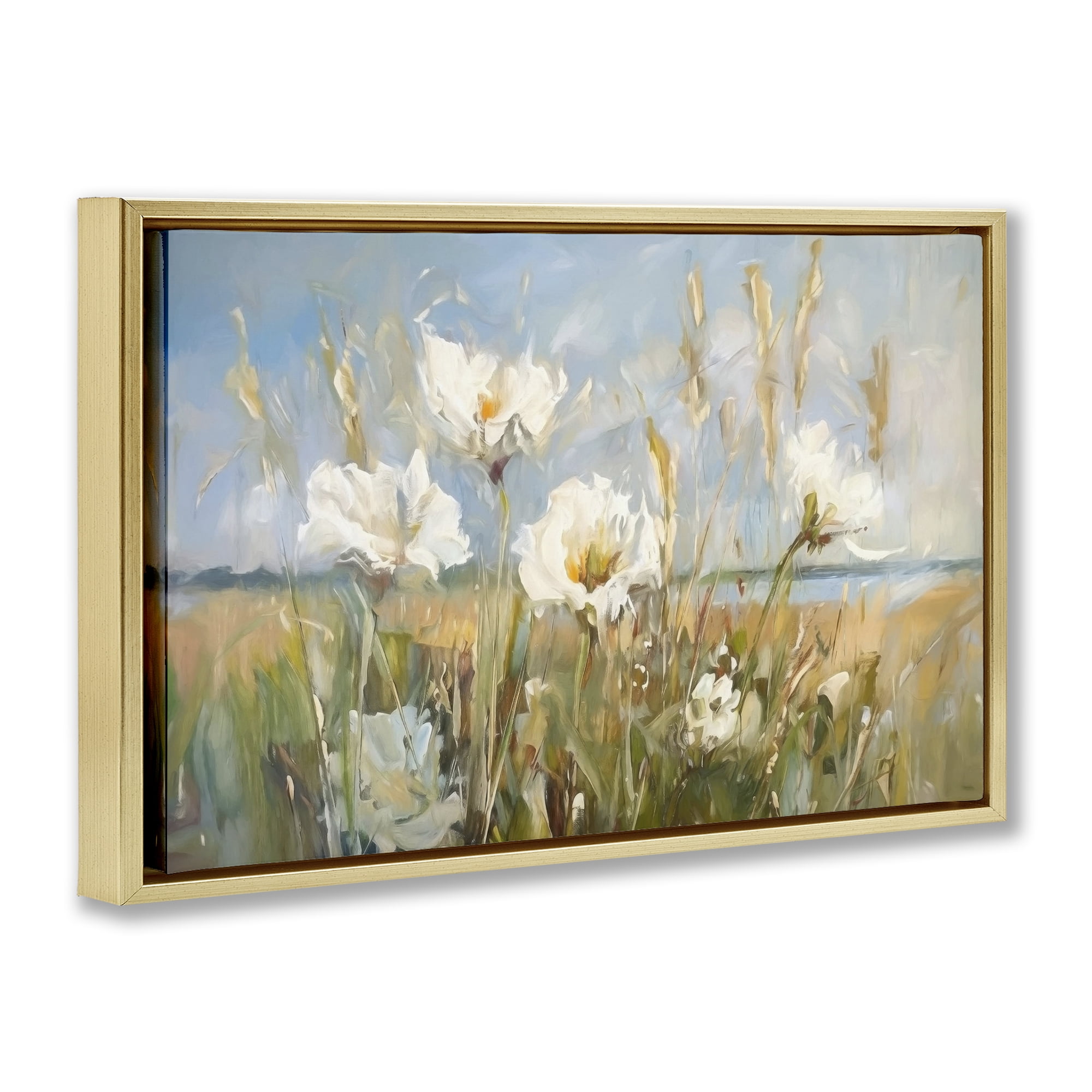 Stupell Industries Soft Seaside Wildflowers Botanical & Floral Painting Gold Floater Framed Art Print Wall Art, 25 x 17