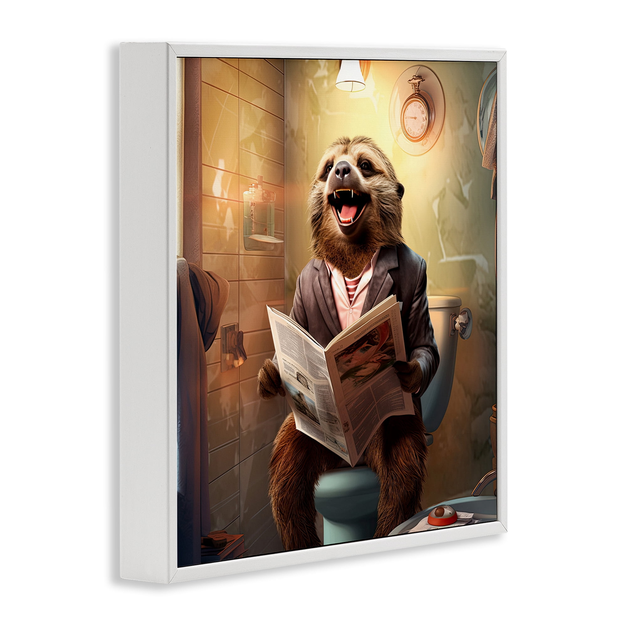 Stupell Industries Smiling Sloth on Toilet Typography Painting White Framed Art Print Wall Art, 17 x 17