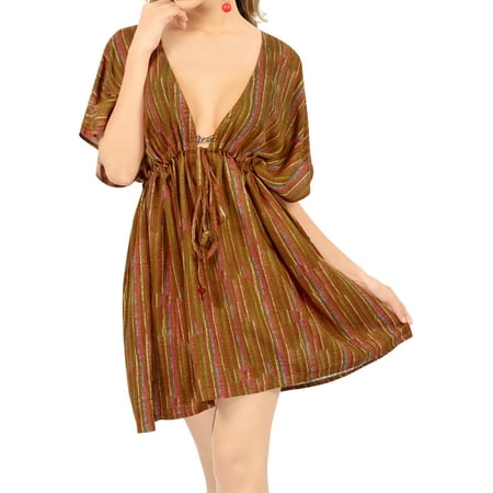 HAPPY BAY Women s Beachwear Swimsuit Coverups Summer Swim Beach Cover ups for Swimwear Women Bathing Suit Cover-up Mini Wrap Dresses XL-XXL Brown  Stripes