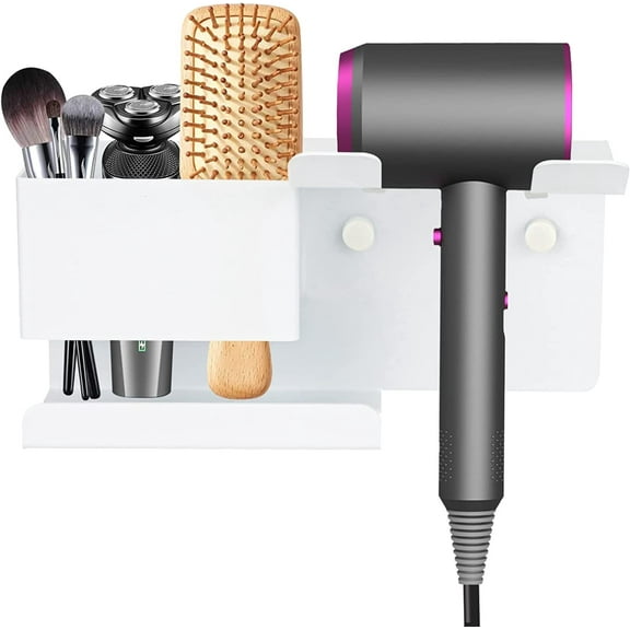 Hair Dryer Holder Wall Mounted, STONCEL Blow Dryer Holder for Bathroom, Aluminum Alloy Hair Dryer Rack, Muti-Function Hair Tool Organizer with Plug Hook (White)