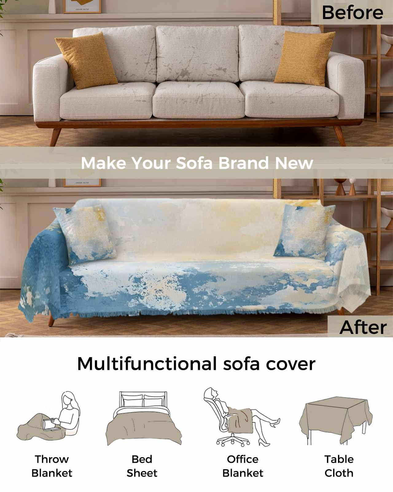 Blue Yellow Couch Cover for 2 Cushion Couch, Modern Vintage Oil Painting Abstract Washable Love Seat Sofa Covers Slipcover, Throw Sofa Covers for Pets, Furniture Protector 71"x102"