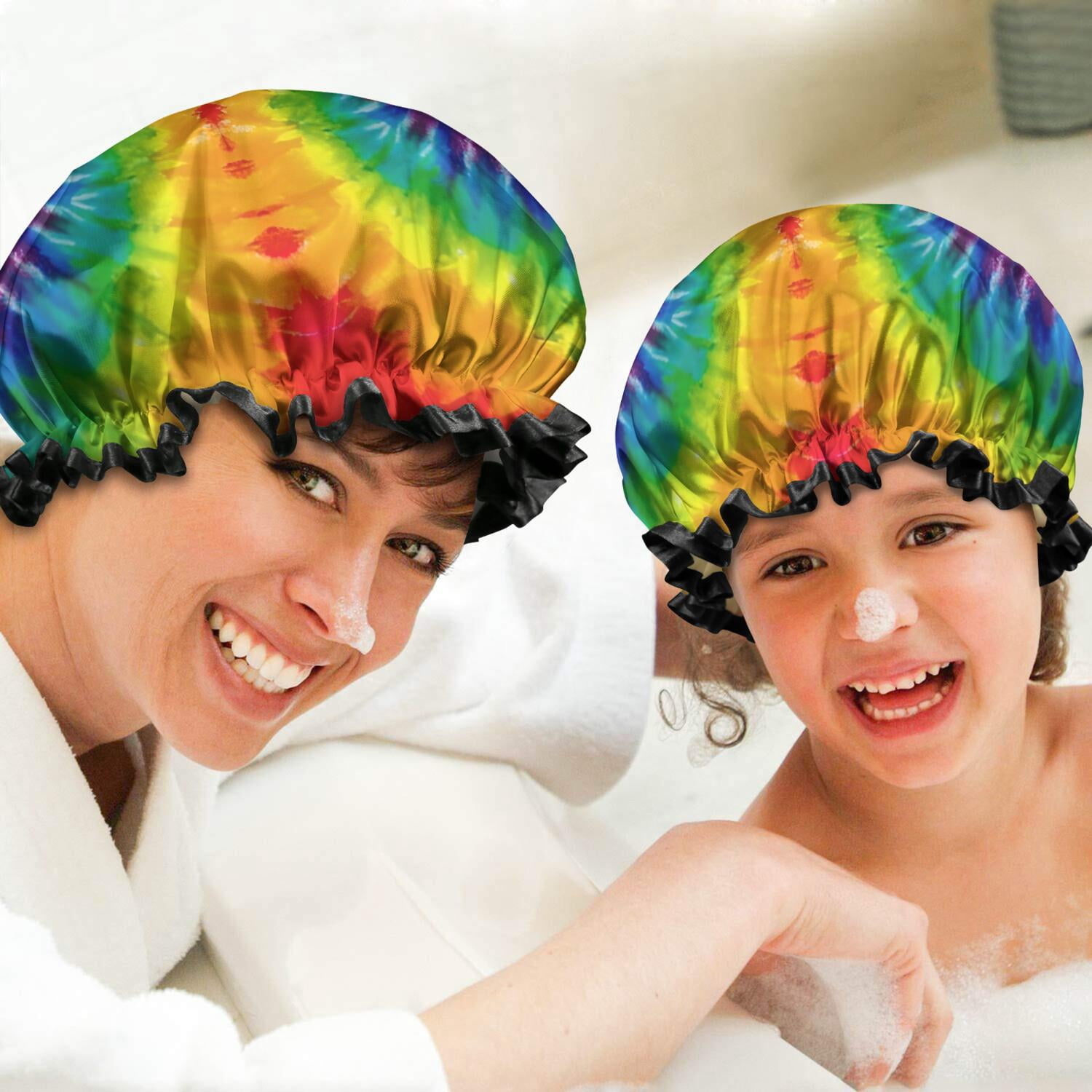 Shower Caps,Colorful Tie Dye Pattern Waterproof Shower Cap for Women 4 Pieces,Double Reusable Hair Cover for Shower PEVA Elastic Stretch Hem