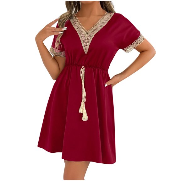 BUIGTTKLOP Boho Dresses for Women 2026 Lace V Neck Short Sleeve Sundress Casual Summer Flowy Comfy A Line Summer Dresses