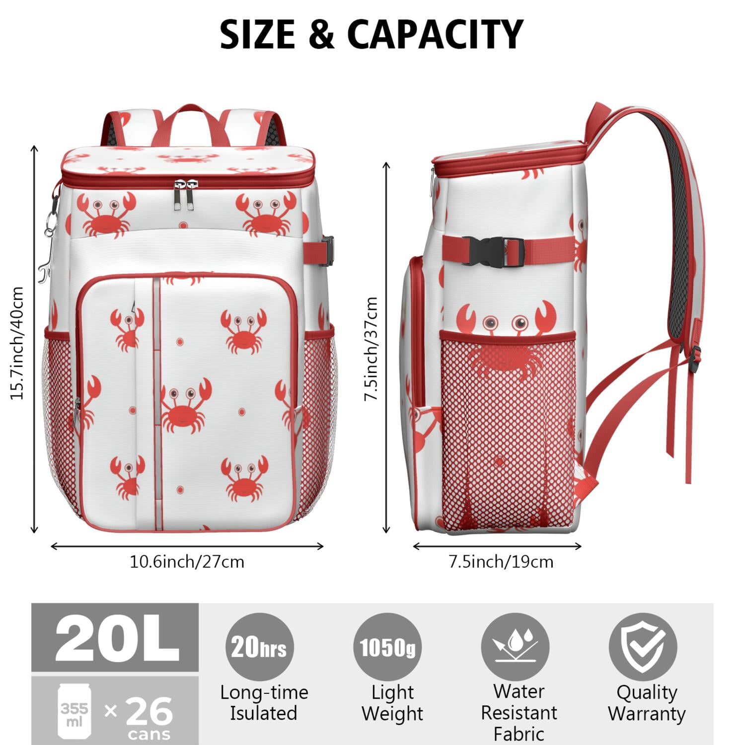 Marine Adorable Crab Cooler Backpack Insulated Waterproof Leak Proof Backpack Cooler Lightweight Lunch Picnic Camping Backpack Cooler for Men Women