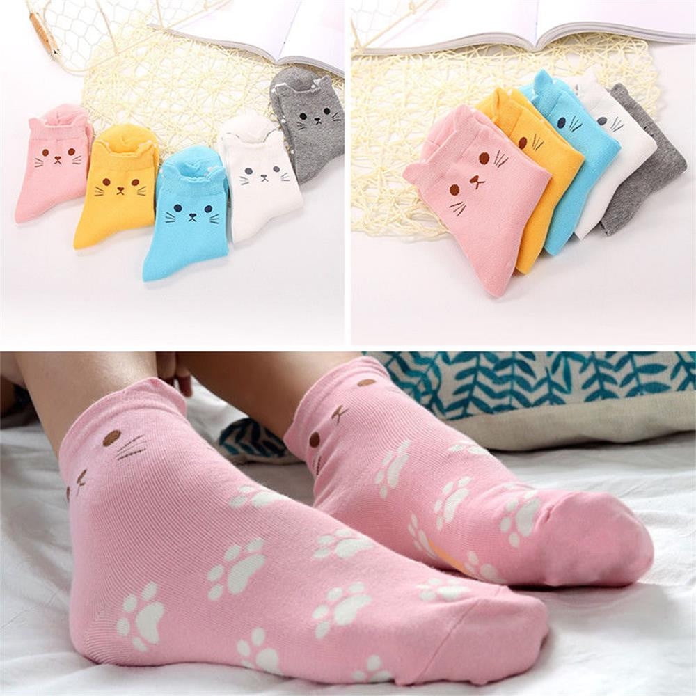 Women 100% Cotton Cute Cartoon Cat Dual Ears Footprints Print Tube Socks