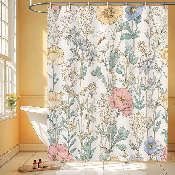 Boho Floral Shower Curtain, Watercolor Wildflower Shower Curtain Set, Farmhouse Botanical Bathroom Curtain with Hooks, Fabric Shower Curtain for Bathroom Decor, 60x72inch