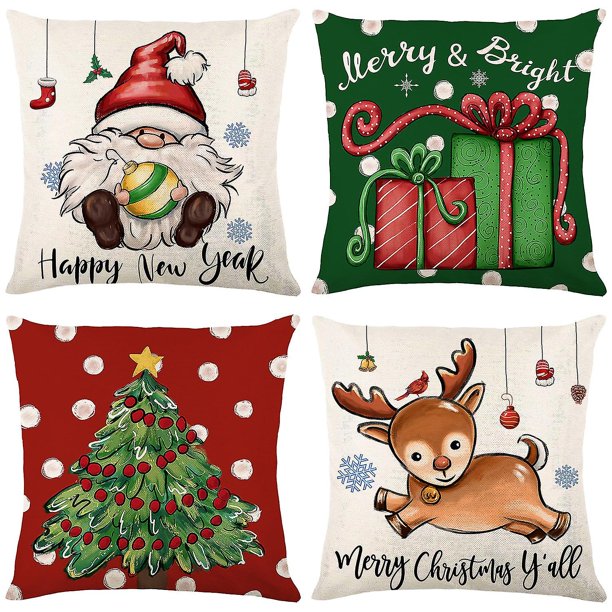 Juego de 4 fundas de almohada LANNMXG de 45 x 45 cm decorativas de lino Navidad