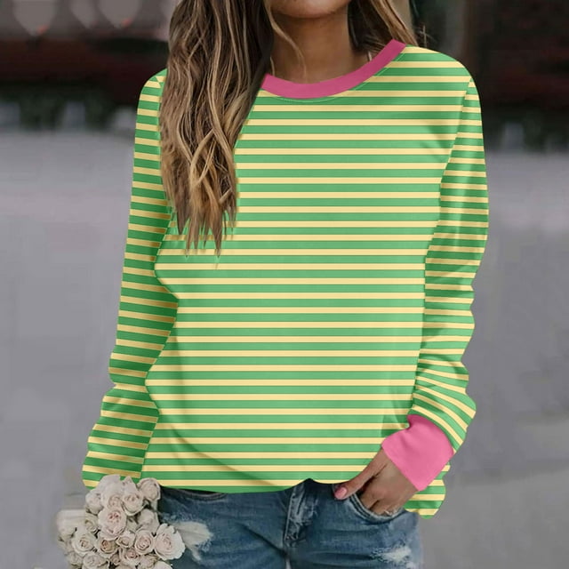 Jsaierl Chandails en Molleton pour Femmes Grande Taille Hauts Rayés Tendance Bloc de Couleur Pulls Décontractés Col Rond Chemises Automne Hiver Chandail en Molleton