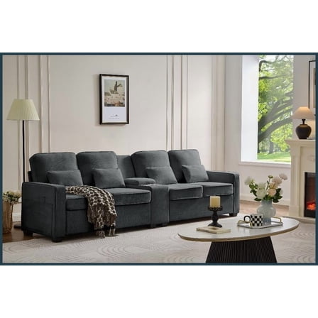 114'' Modern Linen 4-Seat Sofa with Console, 2 Cupholders & 3 USB Ports – Dark Gray for Living Room