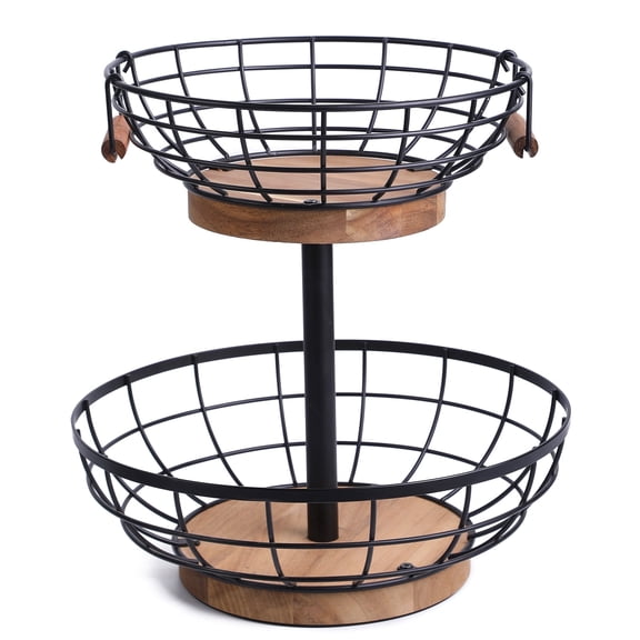 2 Tier Fruit Basket Bowl,Metal Basket with Wooden Base,Fruit and Vegetable Storage with Banana Hanger,2 tier Basket for Kitchen Counter Organizer.
