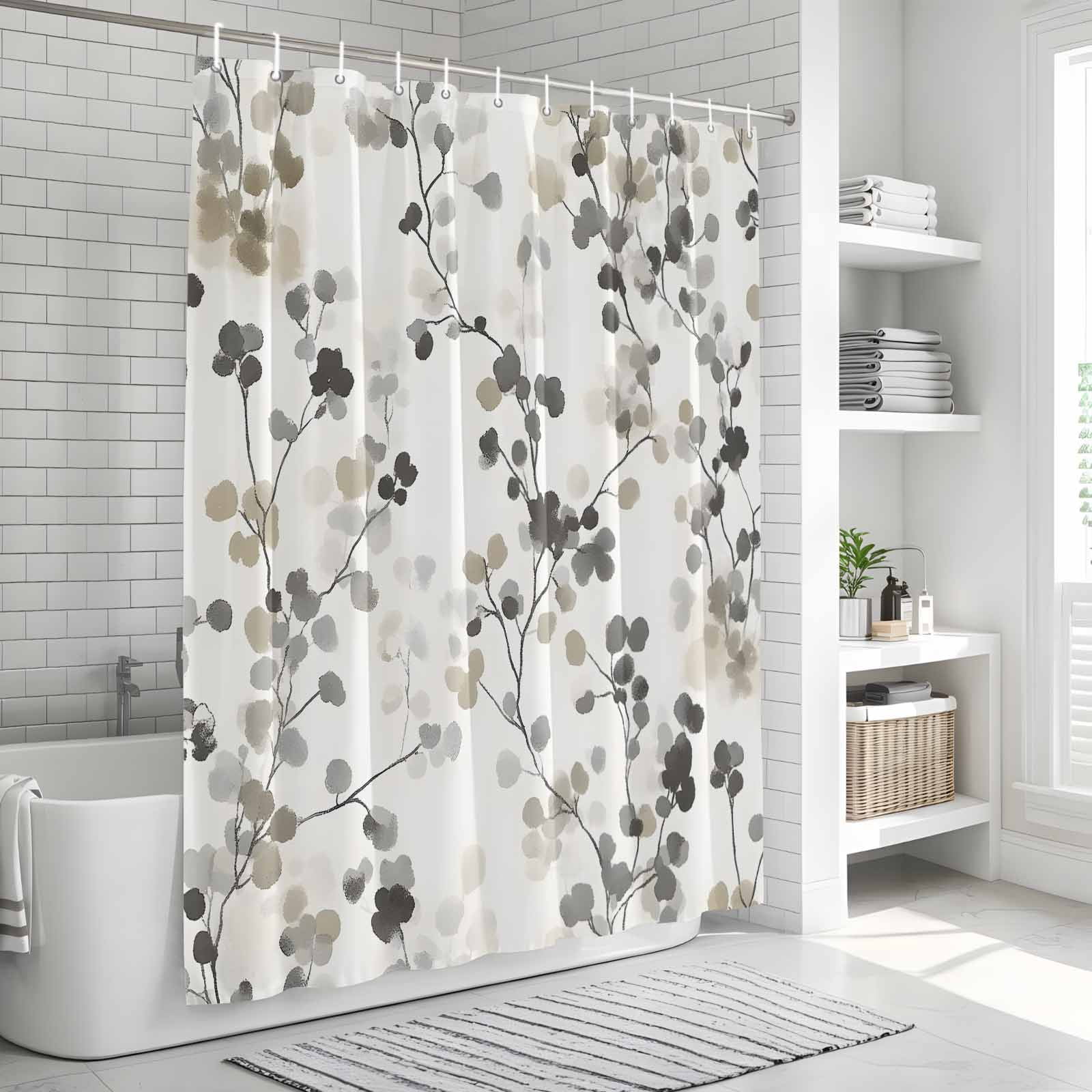 Shower Curtain Bathroom Set Gray Brown Botanical Watercolor Waterproof Fabric Shower Curtains with Grommets&Hooks, Retro Country Floral Leaves Privacy Bath Curtain for Bathtub 72x72in