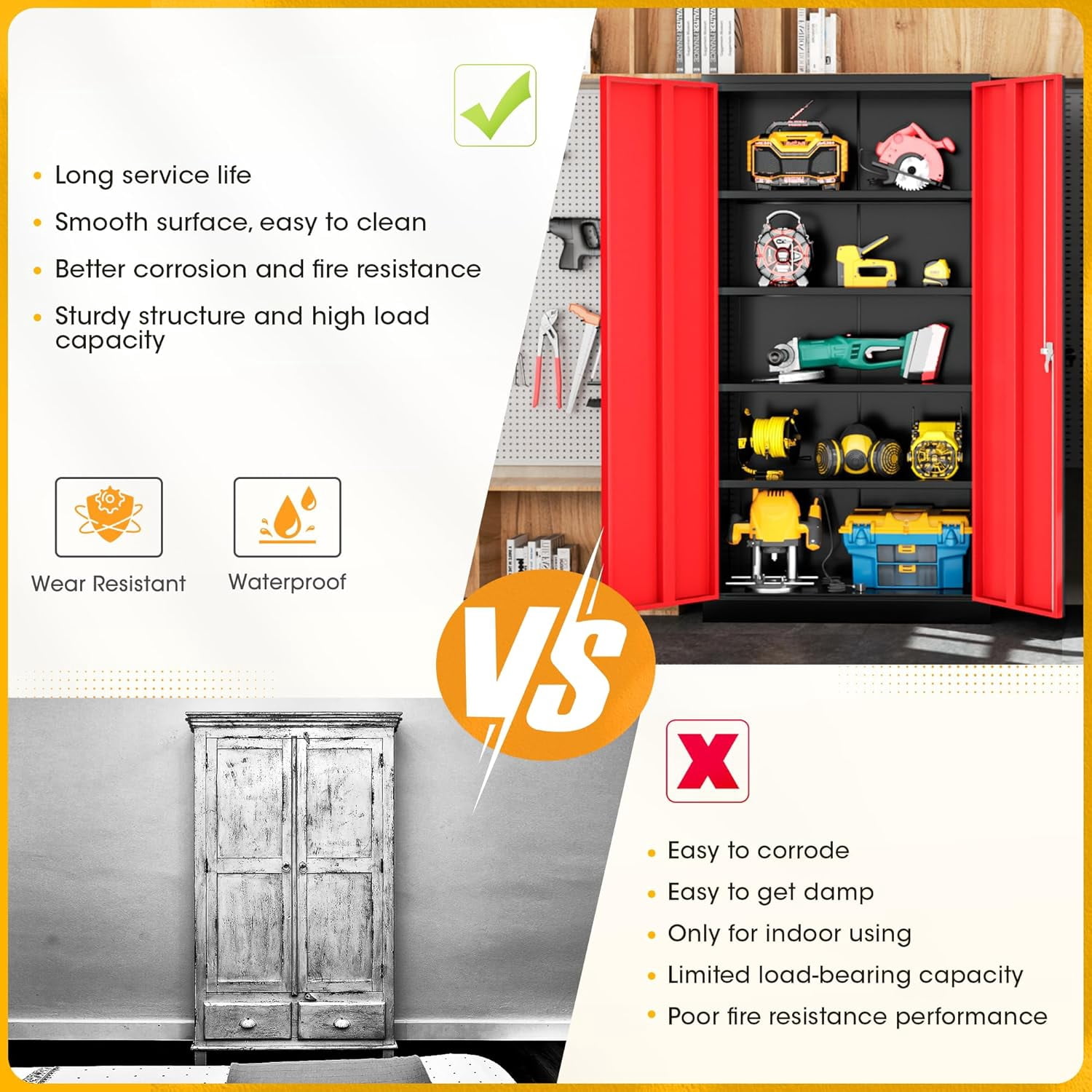 SOLAURA 72" Metal Garage Storage Cabinet with Locking Doors and Adjustable Shelves for Home, Office(Black Red )