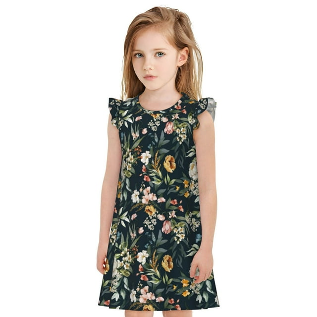 Balery Watercolor Floral Camisón de princesa para niñas, pijama de algodón con mangas abullonadas, suave y bonito.-X-Large