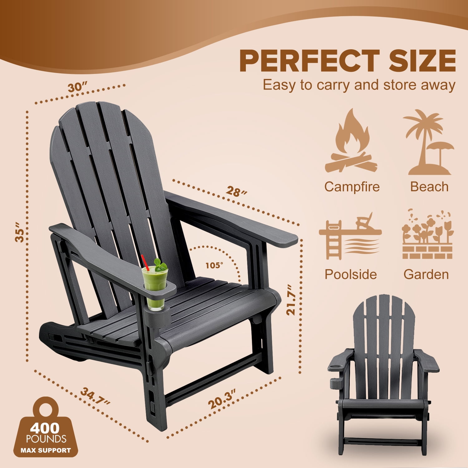 Adirondack Chair, Weather-Resistant HDPE, Tool-Free 5-Min Assembly, Patio/Fire Pit/Lawn Use, Black