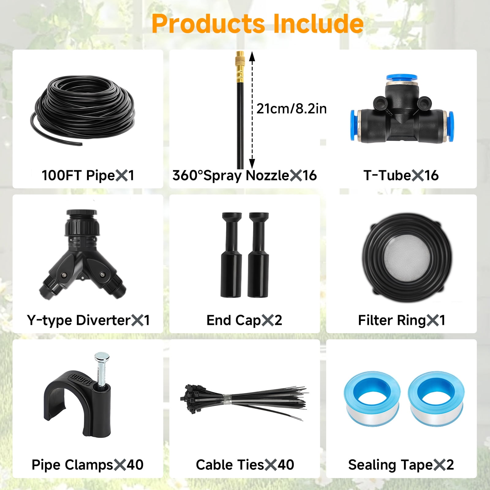Gijjgole 100FT Garden Watering Kit with 16 Directional Sprinklers,Adjustable 360-Degree Rotating Misting Irrigation System,  16 Three-Way Connectors, Y Adapter and Hose Clamps – Ideal for Patio