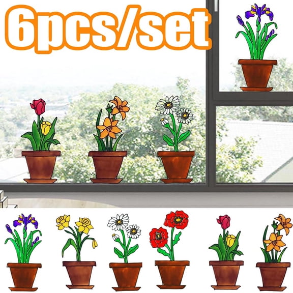 Happy date 6 Packs Wall Sticker Flowers Window Clings, Flowers Window Stickers Decals Decoration, Adhesive Free Flowers Decorations Window Stickers, Window Stickers Decals for Party