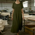 thumbnail image 4 of Women Linen Summer Long Sundress Crewneck Short Sleeve Maxi Dress 2026 Casual Loose Beach Dress with Pockets Army Green XL, 4 of 5