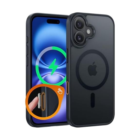 Eryueer for iPhone 16 Plus Phone Case: Magnetic Translucent Matte Shockproof Slim Cell Phone Cover - Military Grade Drop Proof Hard Back Anti-Fingerprint Protective Case - Black-T