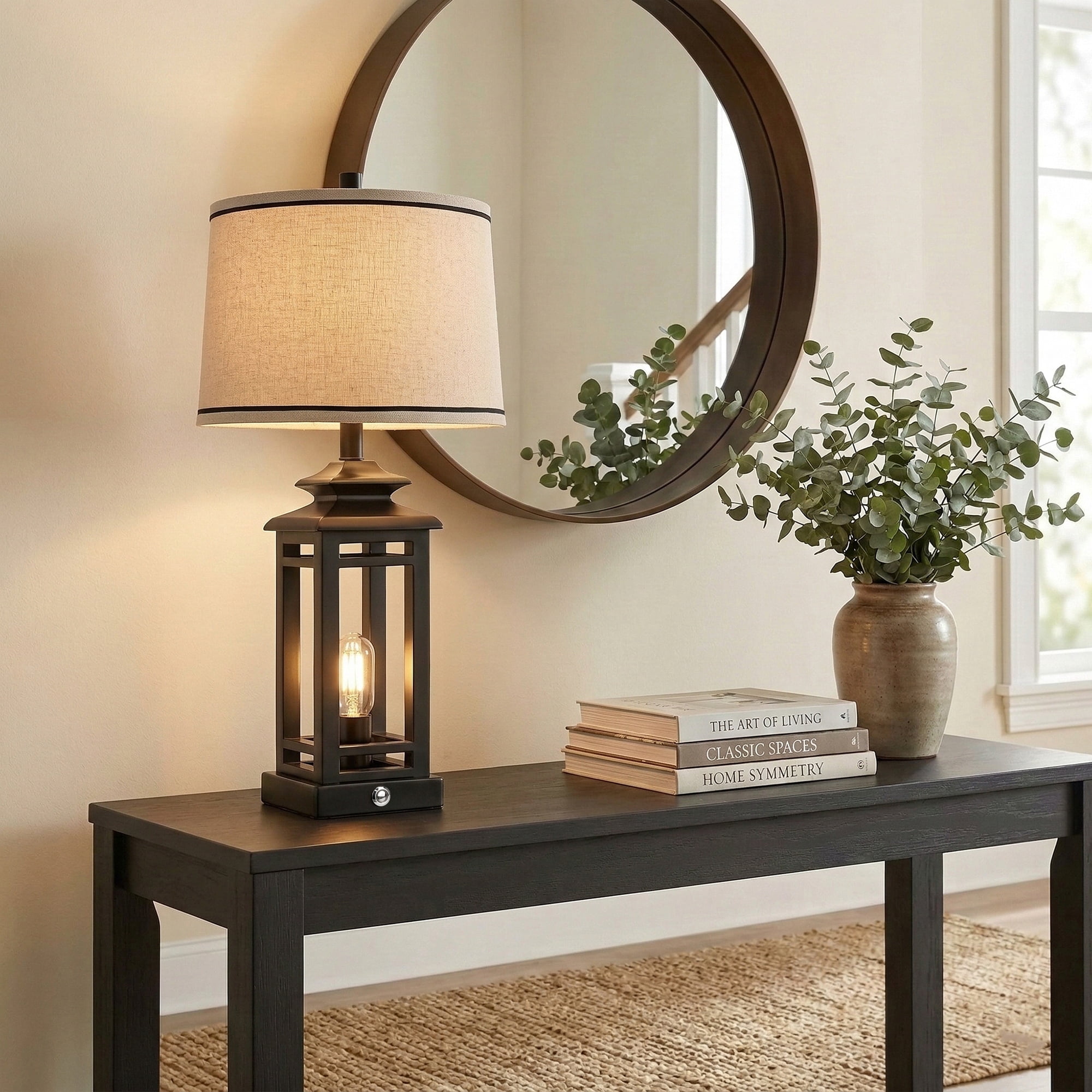 26in Farmhouse Table Lamp Black Desk Lamp with Linen Shade, LED Bulbs Included for Bedroom Living Room
