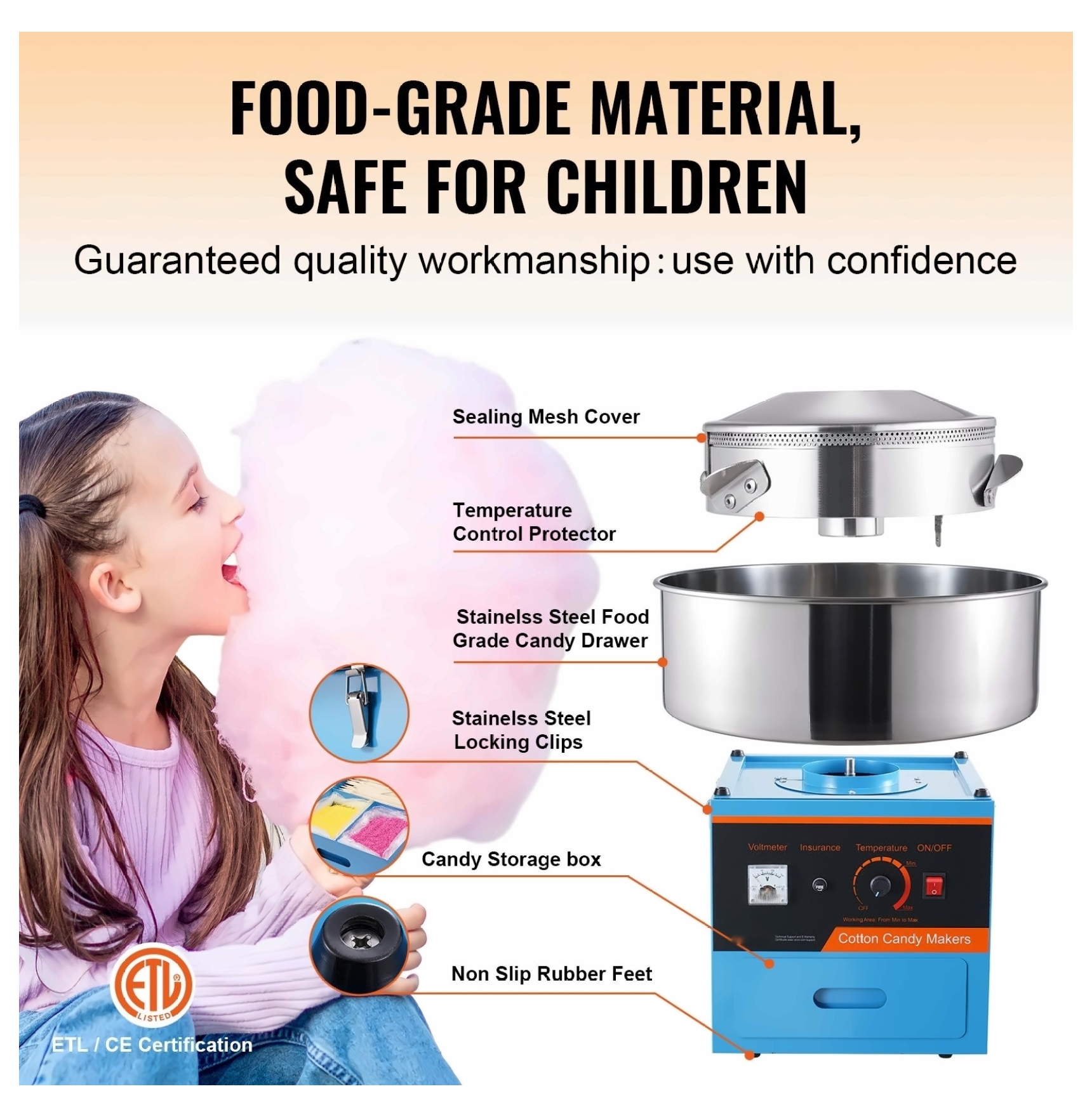 Cotton Candy Machine, 1000W Electric Candy Floss Maker, Commercial Grade with Stainless Steel Bowl, Blue - for Parties & Home Use