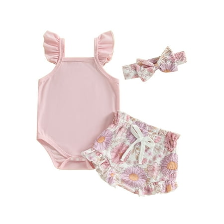 

Sunisery Newborn Baby Girls Vest Shorts Sets Casual Fly Sleeves Romper Tops + Drawstring Shorts + Headband Outfits Pink 0-3 Months