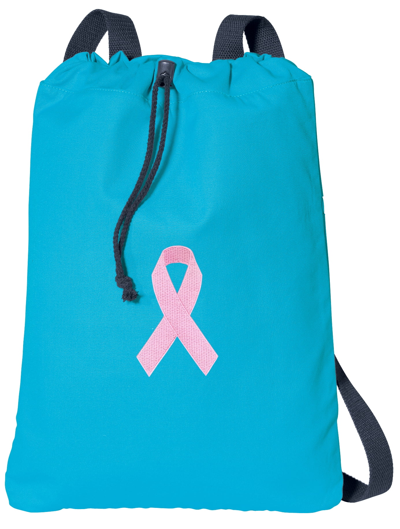 Canvas Pink Ribbon Drawstring Backpack Aqua Natural Cotton Pink Ribbon