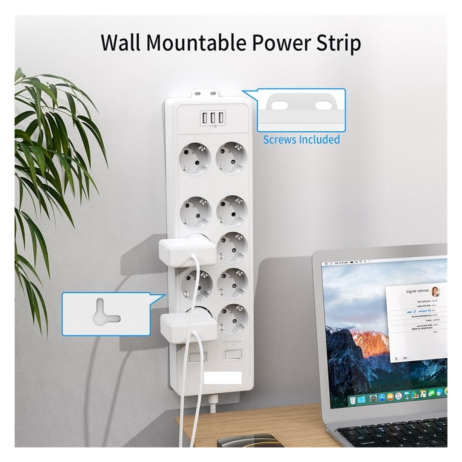 Wall Mountable USB Power Strip 4000J Surge Protector Extra Wide Socket Power Outlet With Extension Lead Network Filter