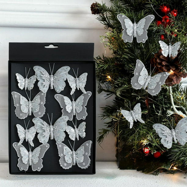 Seyotauo Glitter Double Butterfly Ornaments for Christmas Tree, Christmas Hollow Butterfly Decorations with Clip,Simulation Butterfly Hanging Decor for Xmas DIY Craft Holiday Decor