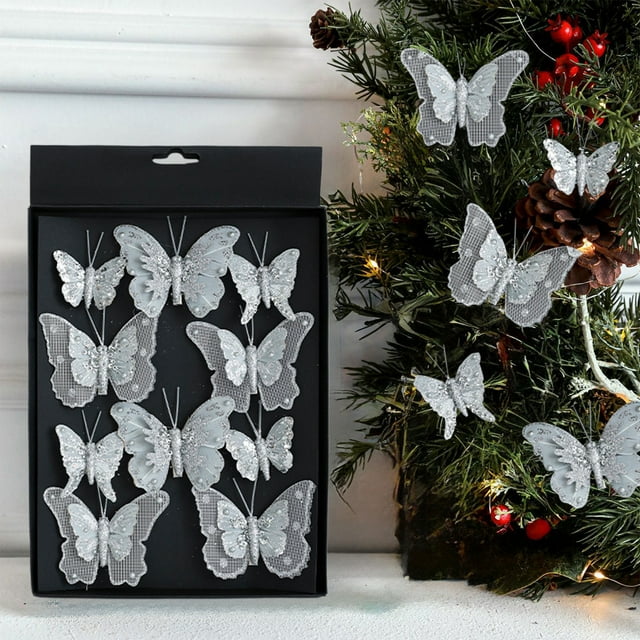 Adornos Navideños de Mariposas Coloridas con Clip | Colgantes de Mariposas Artificiales con Purpurina Hueca | Paquete de 10 Adornos Navideños Ligeros para Árboles, Repisas y Exhibiciones Festivas