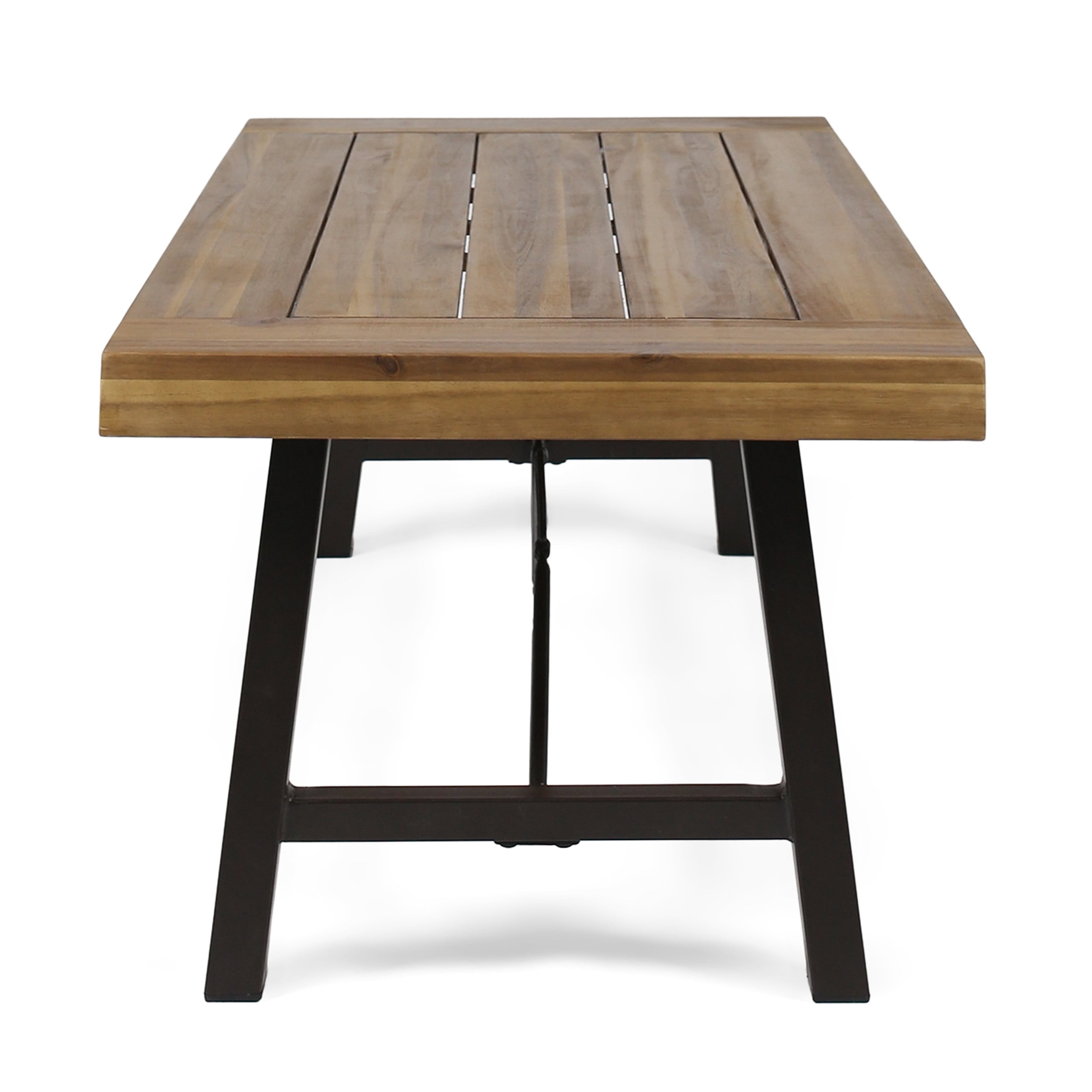 Outdoor Acacia Wood Coffee Table, Teak Finish / Rustic Metal Brown and Black, 27.25"D x 45.75"W x 18"H
