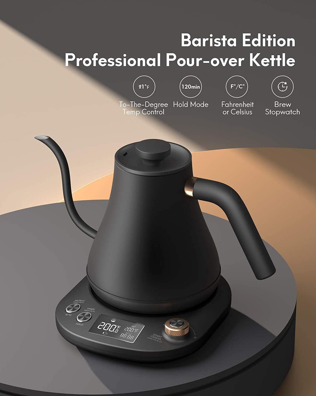 Gooseneck Kettle Temperature Control, Pour Over Electric Kettle for Coffee and Tea, 100% Stainless Steel Inner, 1200W Rapid Heating, 0.8L, Built-in Stopwatch