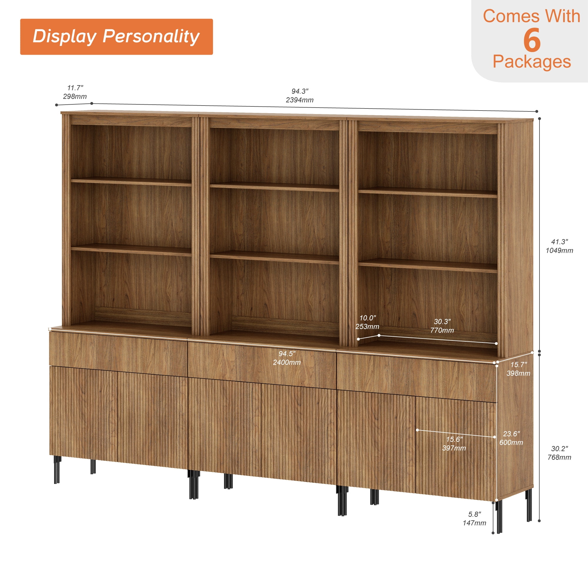 71.6"H X 94.5"W Set Of 3 Bookcase with Storage Cabinets, 15 Tier Bookshelf with Fluted Doors and Drawers, Large Modern Display Cabinet For Living Room Bedroom Home Office Kitchen