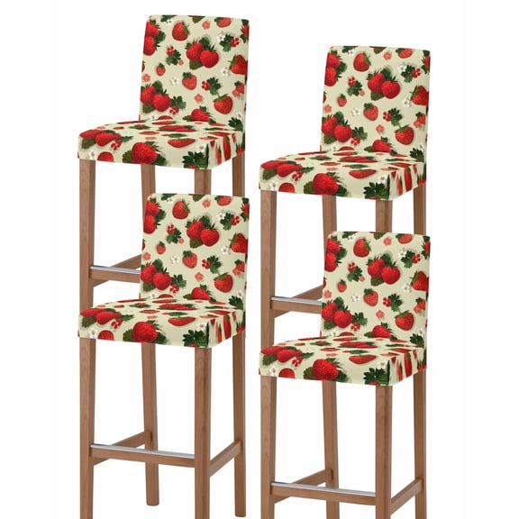 Beige Red Strawberry Bar Stool Covers Set of 4, Spring Floral Watercolor Summer Botanical Stretch Bar Chair Covers with Backs, Removable Pub Counter Height Chair Cover for Kitchen Dining Room Cafe