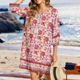 thumbnail image 4 of Women's Casual Summer Dress Boho V Neck 3/4 Sleeve Babydoll Floral Print Flowy Side Split Beach Dress C-Pink, 4 of 5