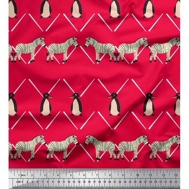 Soimoi Red Viscose Chiffon Fabric Penguin & Stripe Animal Print Fabric by Yard 42 Inch Wide