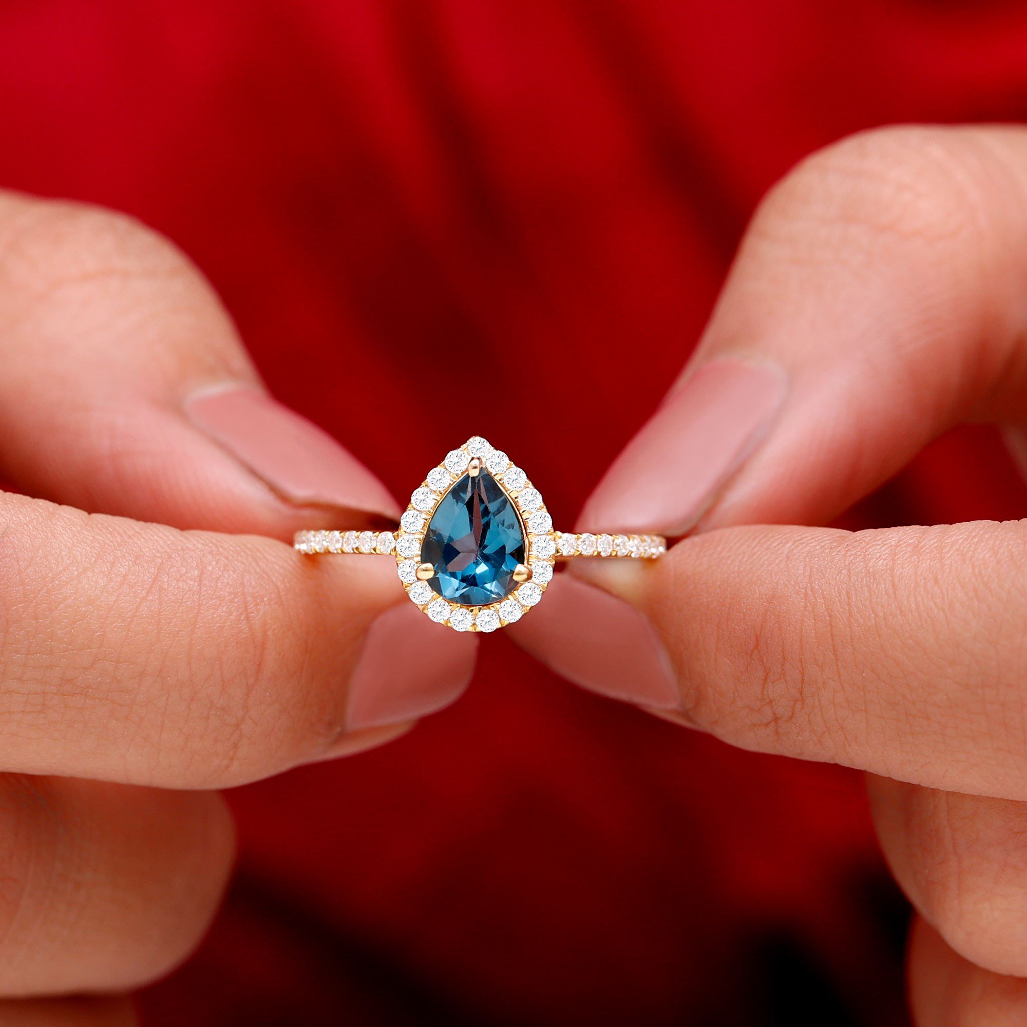 14K Yellow Gold Natural London Blue Topaz Engagement Halo Ring