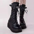 thumbnail image 4 of Women's Gothic Punk Platform Boots Chunky Wedge Heel Combat Booties Lace-Up and Zipper Round Toe Mid Calf Motorcycle Boot, 4 of 7