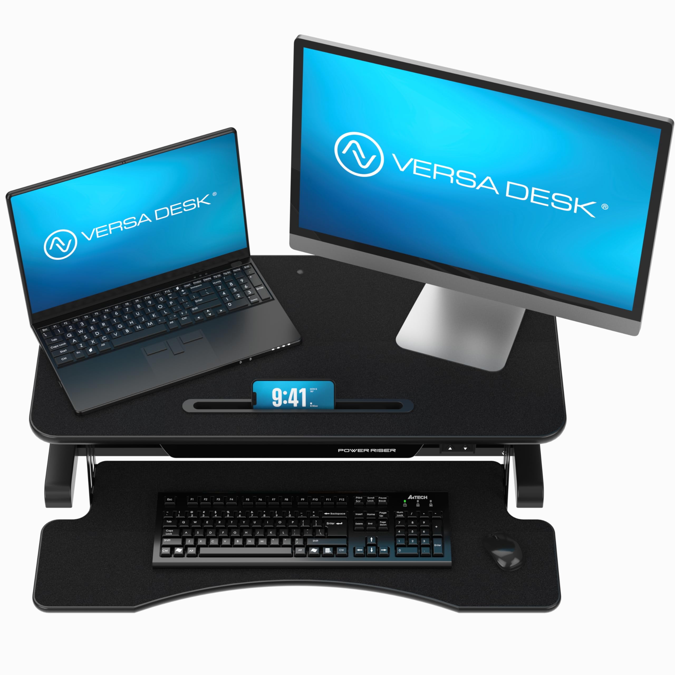 VersaDesk PowerRiser Electric Height Adjustable Standing Desk Riser, MDF & Steel, Keyboard Tray, Sit-to-Stand, Dual Monitor Support, | Black, ( 32 )