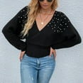 thumbnail image 6 of Hinvhai Plus Size Sweater Tops On Seasonal Clearance Women's V-Neck Winter Pearl Solid Long Sleeve Pullover Tops Sweaters Black 4(S), 6 of 7