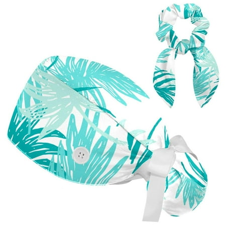 

Working Cap with Buttons and Sweatband Scrub Hat Bouffant Caps with Scrunchie Palm Leaves Tie Back Hats