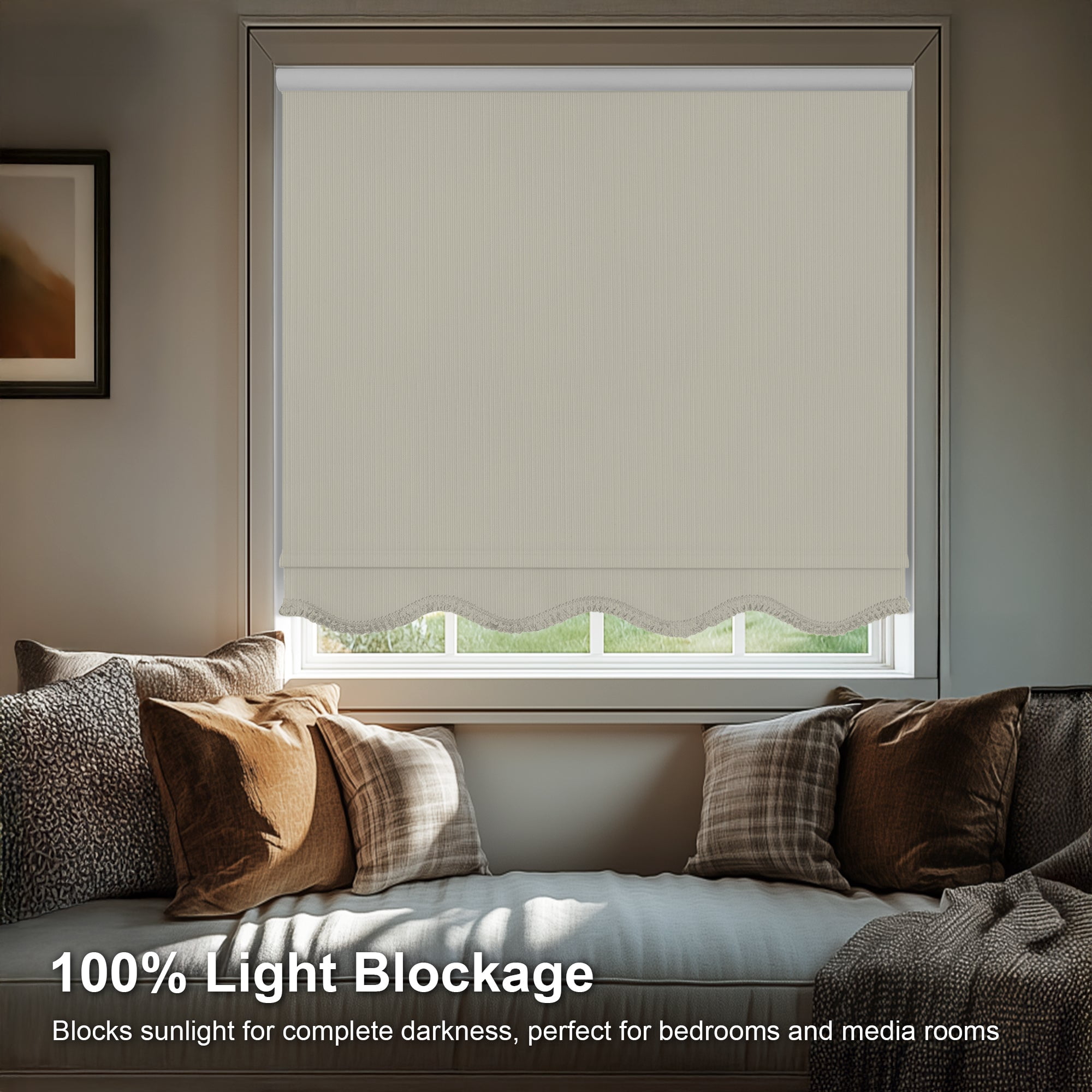 Chicology Textured Blackout Roller Shades with Fringe | Cordless Light Filtering Window Blinds |51"W X 64"H | Decorative Privacy Shades for Home & Office | Easy Install | Ivory