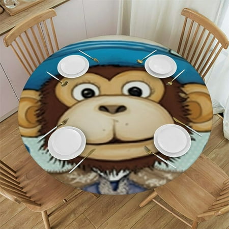 Fitted Round Tablecloth Cartoon Monkey,cute pirate monkeys nautical anchor colorful Table cover,Elastic Edged Table
