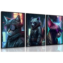 Hieng 3 Pcs Cool Gaming Wall Art Cyberpunk Animals Wall Decor Colorful Neon Canvas Paintings Video Game Prints Cat Panda Poster Picture For Kids Boy Playroom Unframed