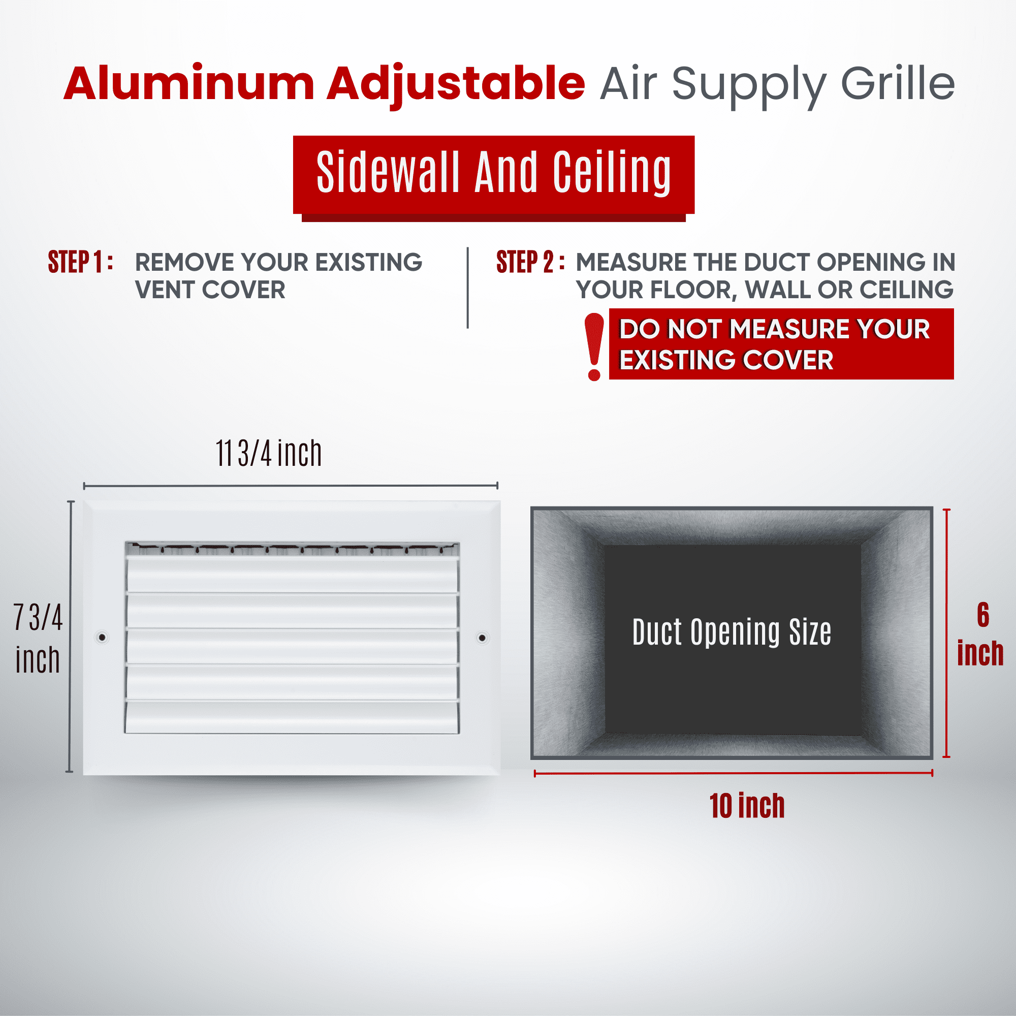 Fits 10x6 Duct Opening Aluminum 1-WAY Adjustable Air Supply Grille by Handua | Curved Blade Register Vent Cover for Sidewall & Ceiling | White | Outer Size: 11.75" X 7.75"