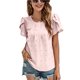thumbnail image 1 of Camiseta con cuello redondo para mujer, escote plisado, mangas cortas de pétalos, tela jacquard, camiseta informal de verano, color rosa L, 1 of 8