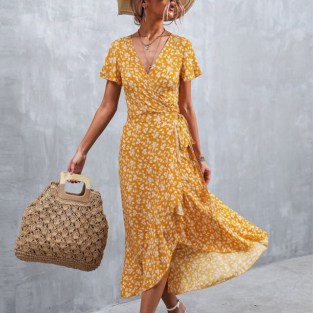Vestido cruzado con estampado floral, vestido cruzado con estampado floral para mujer, vestido cruzado con escote en V, vestido cruzado con estampado floral, resultados impresionantes